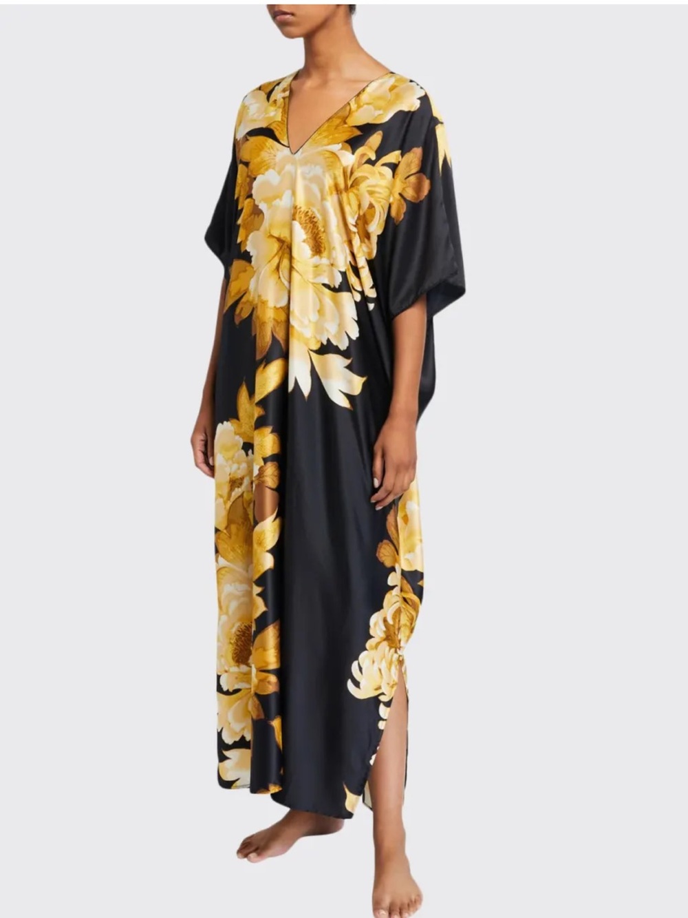Natori Opulent Floral Satin Caftan Maxi Dress Black Yellow Gold Zip Front Medium